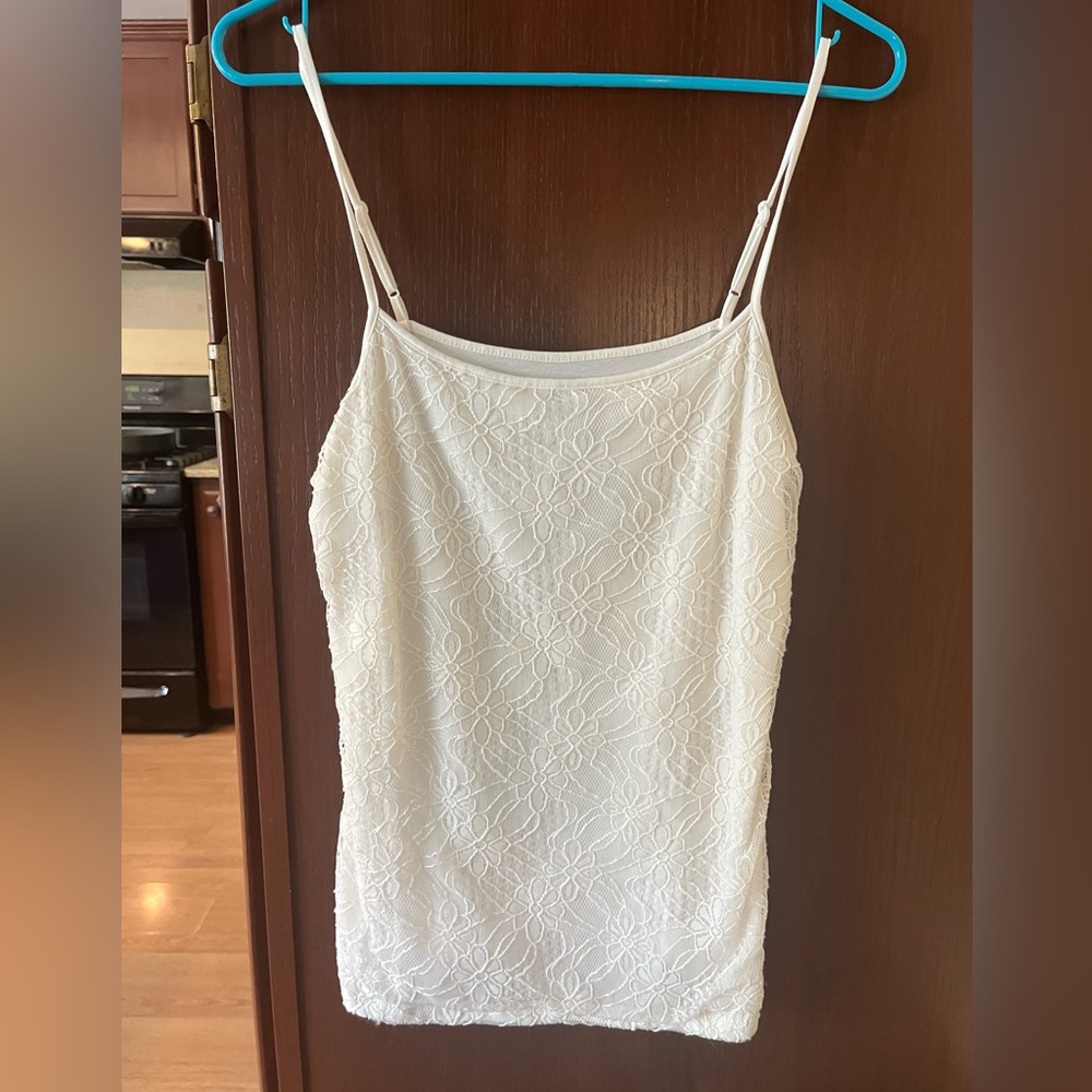 White & Burgundy Cami Tank Tops w/ floral stitching detail.